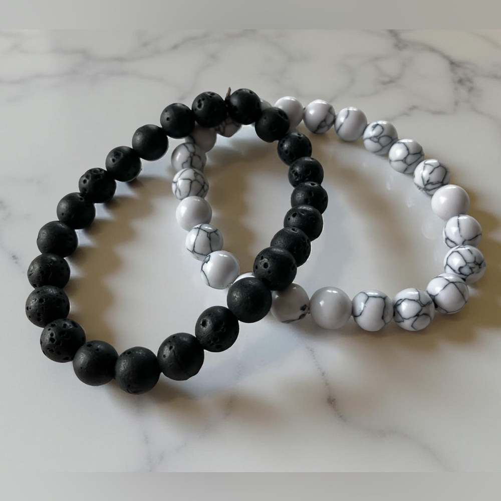TWO Bead Bracelets Stackable Stretch Black Lava Rock & White Marble Design NWOT